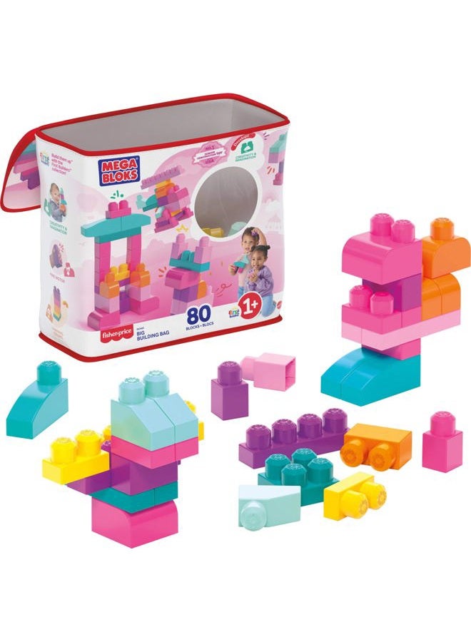 MEGA BLOKS First Builders Toddler Blocks Toys Set, Big Building Bag Collection with 80 Pieces and Storage, Pink, Ages 1+ Years - Image 1